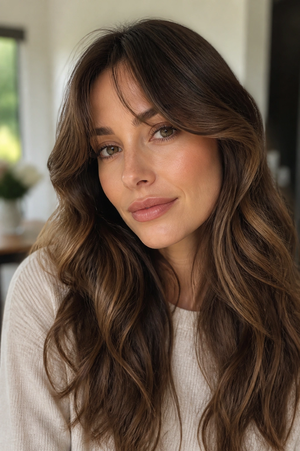 Portrait of a woman with curtain bangs and loose waves framing the face.