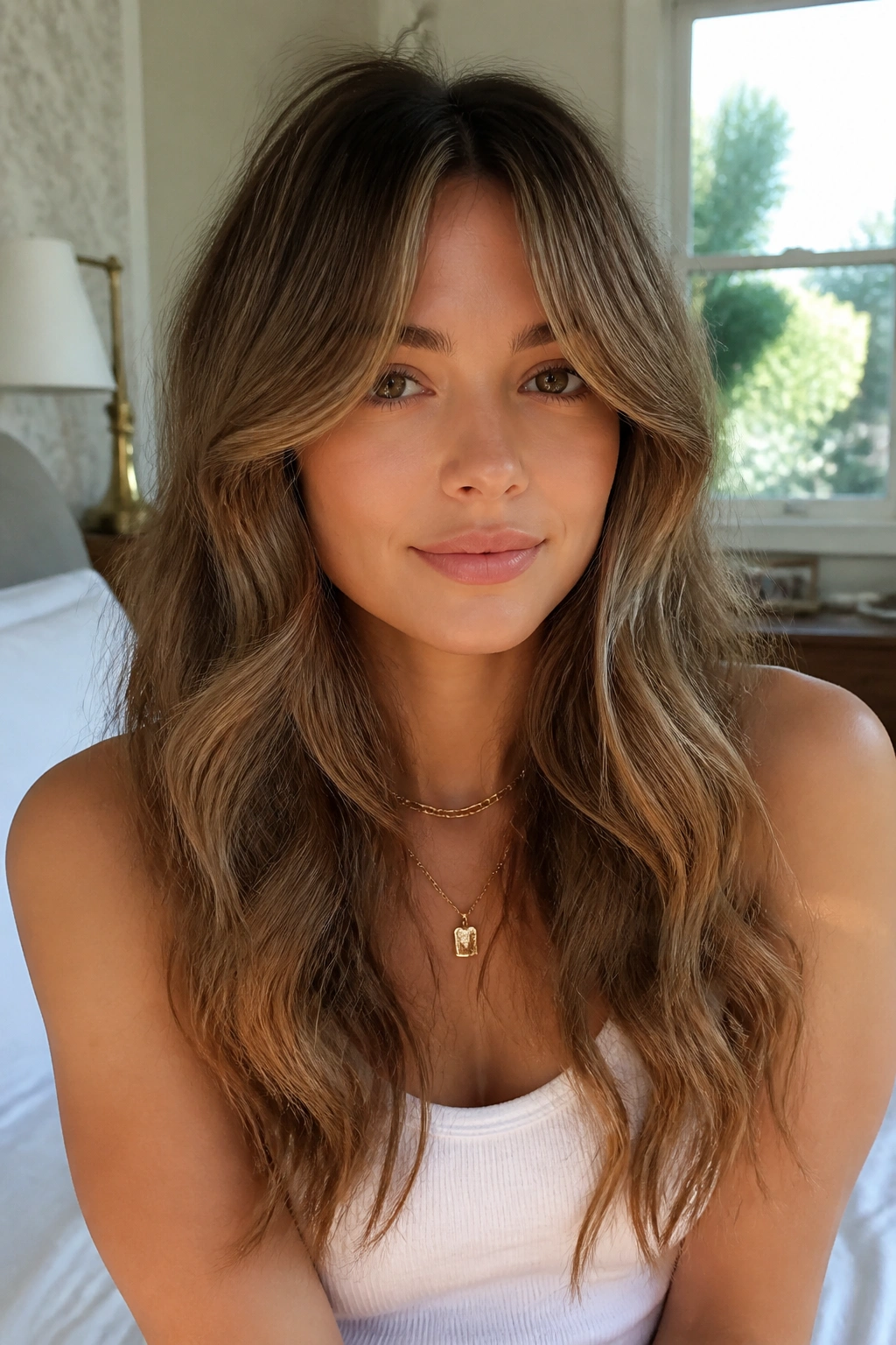 Close-up of a real woman with curtain bangs for wavy hair in natural window light.