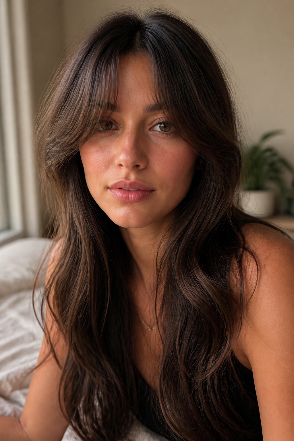Close-up of a real woman with curtain wispy bangs split softly at the center and long hair framing her face