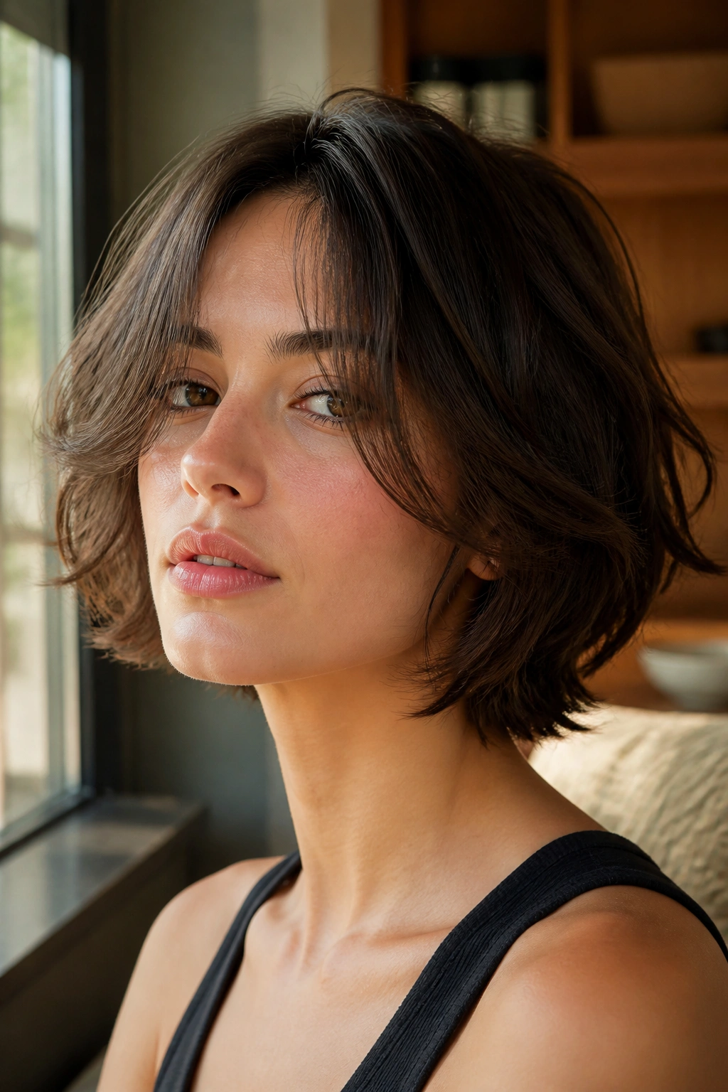 Close-up of real person with curtain bangs and wolf bob haircut.
