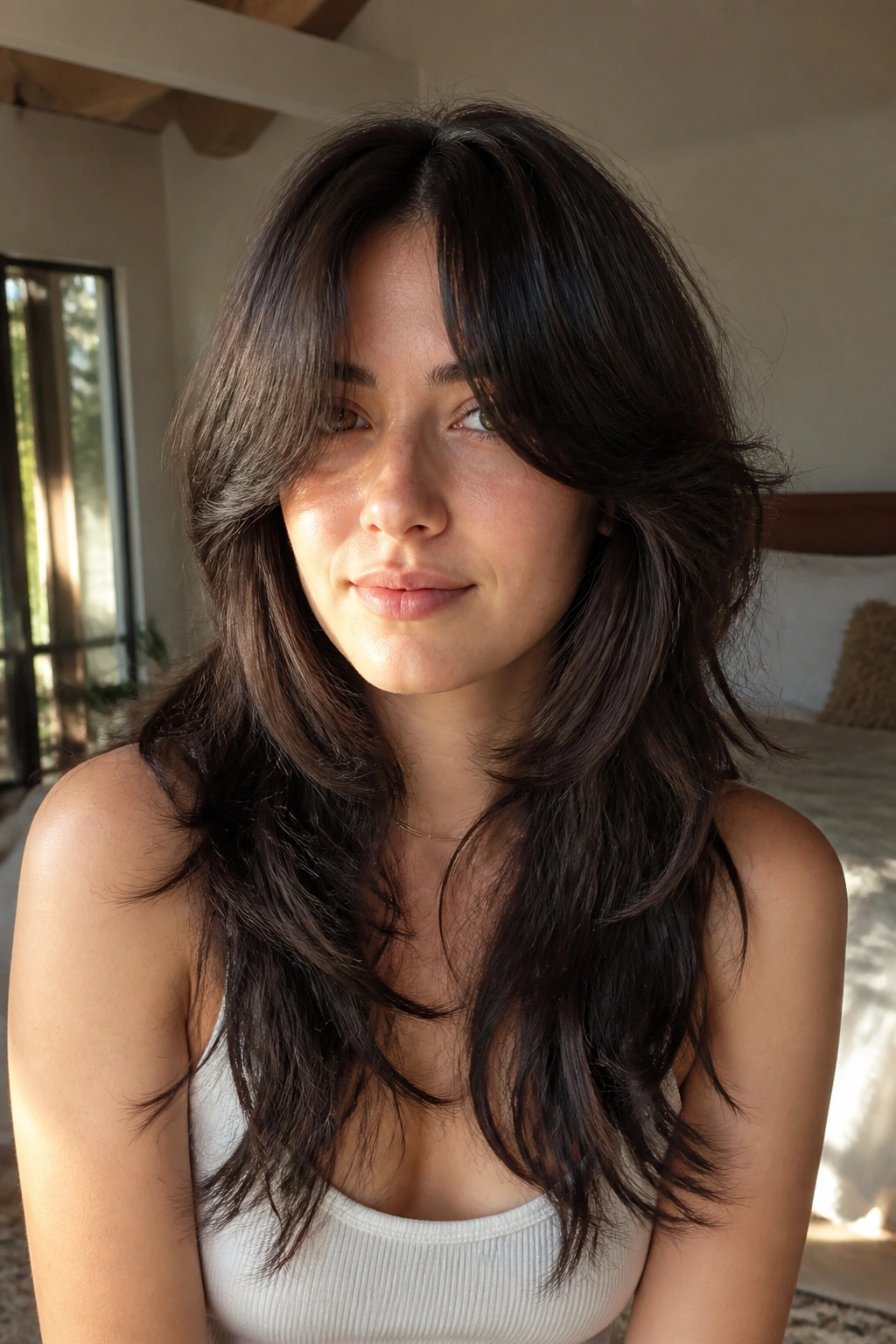Close-up portrait of a real woman with soft curtain-bang butterfly wolf cut, nose-level curtain bangs and airy layers.