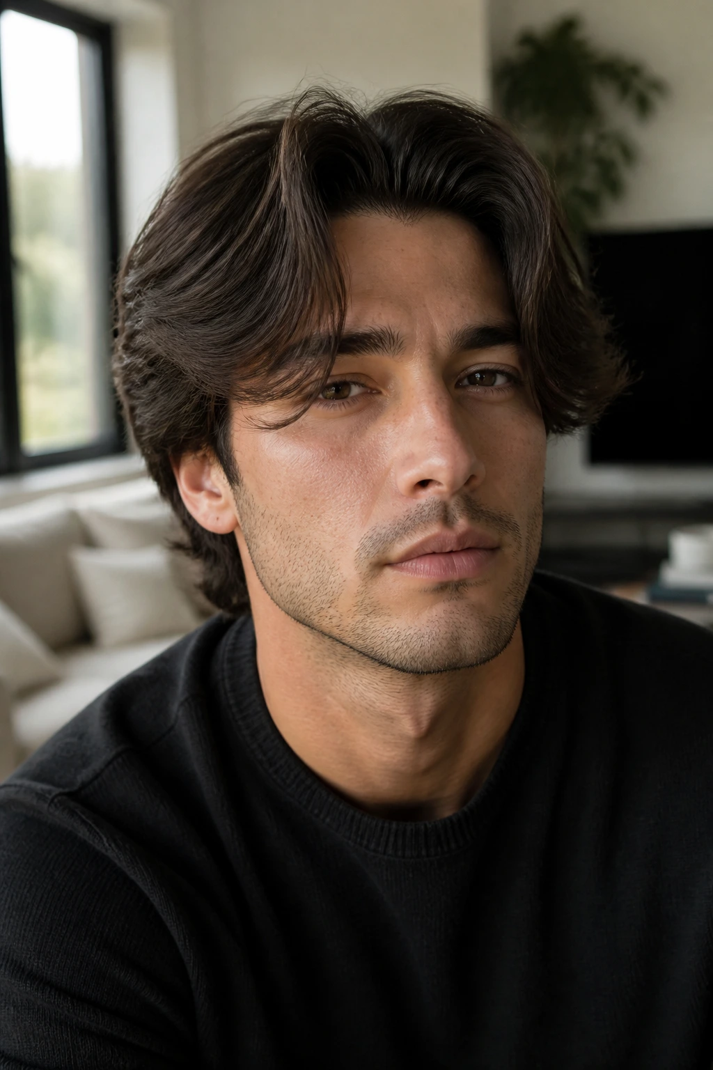 Portrait of man with curtain cut hairstyle and cheek-length fringe