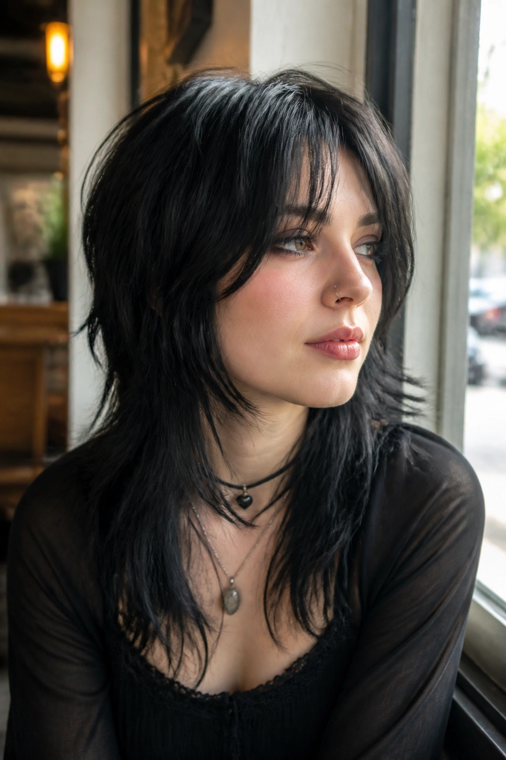 Close-up portrait of a real woman with curtain bangs emo wolf cut.