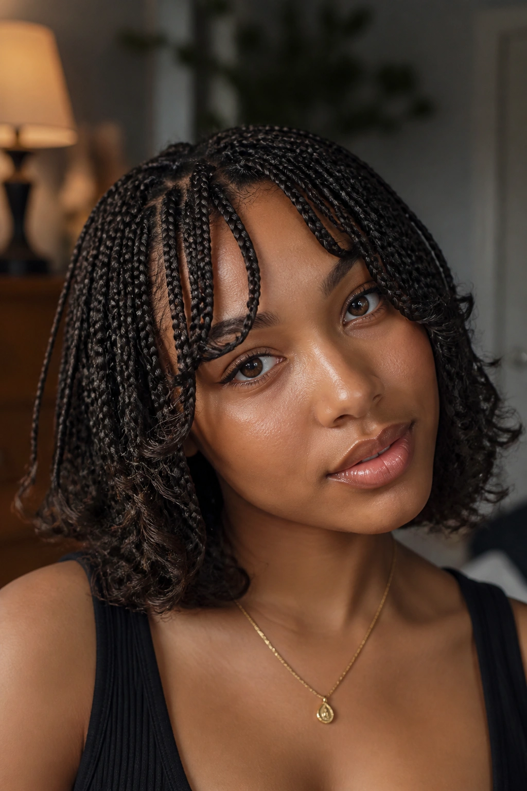 Close-up of a real woman with curtain-frame braided bangs in a bob
