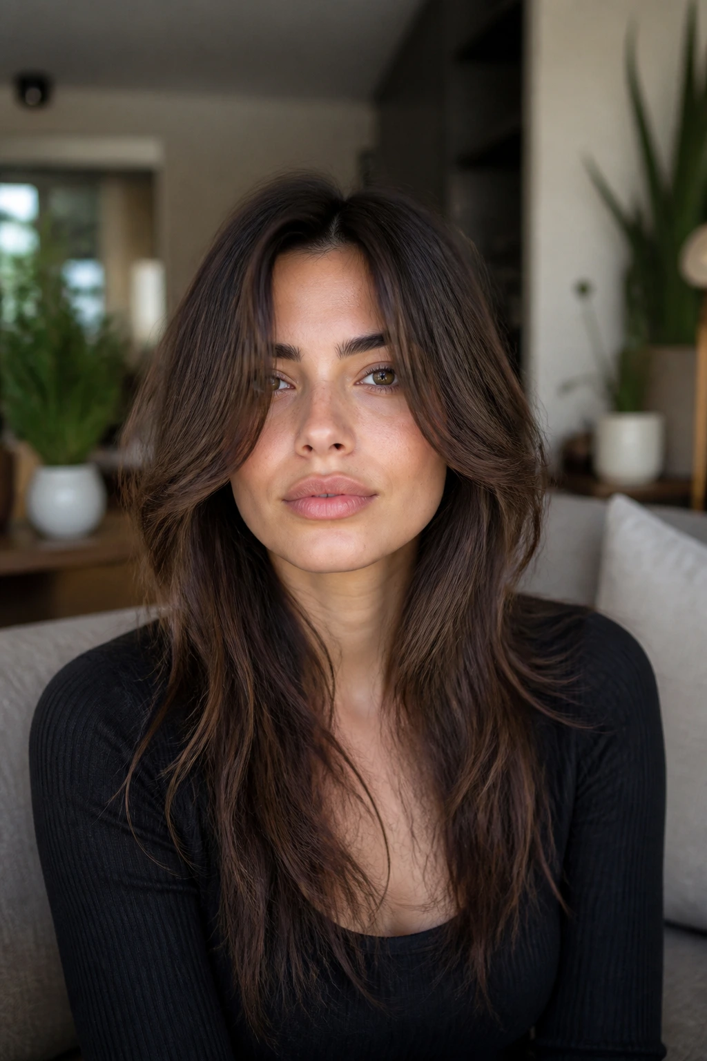 Portrait of a real woman showing curtain-like face framing without bangs.