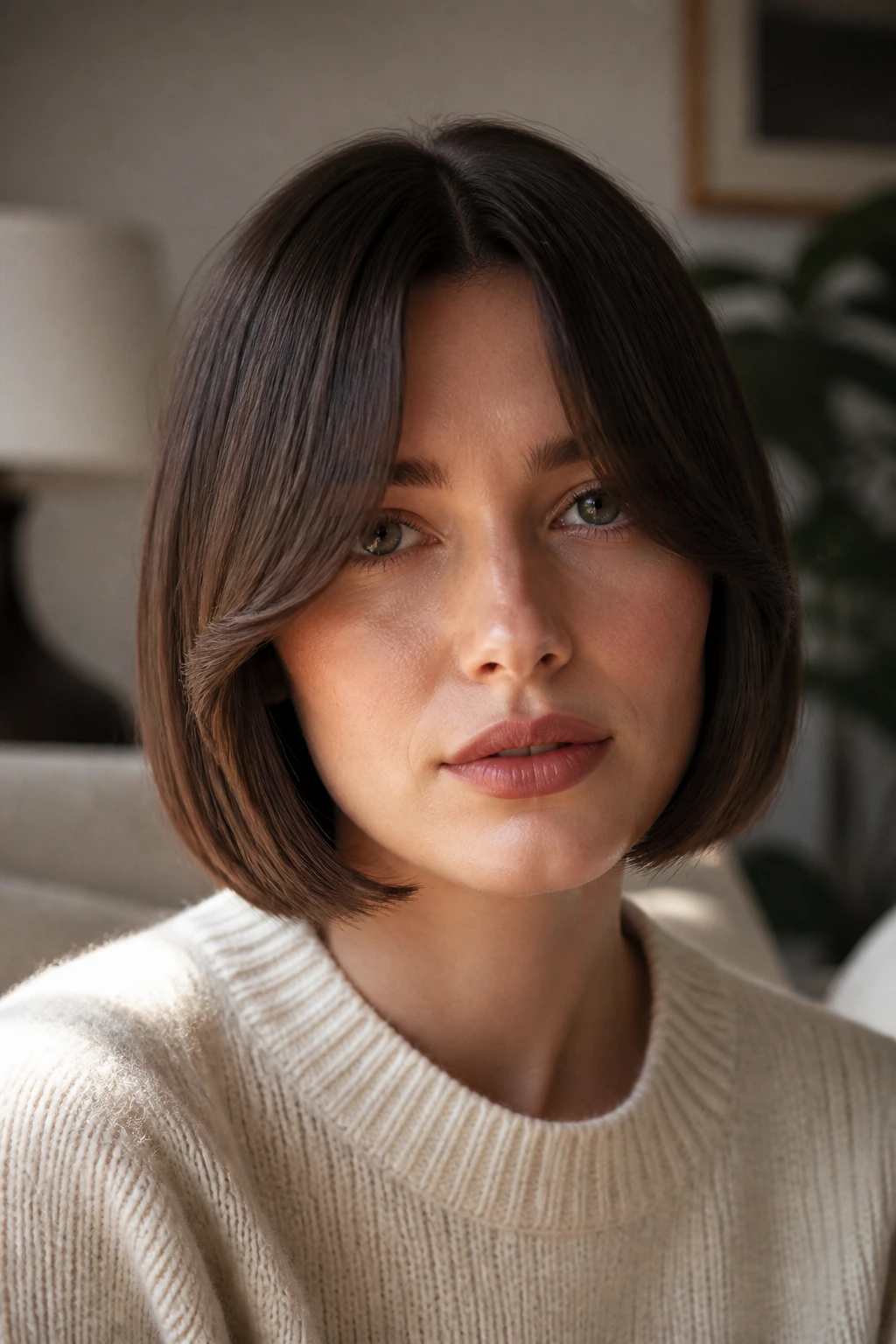 Close-up of a real person with curtain fringe bob framing the cheeks
