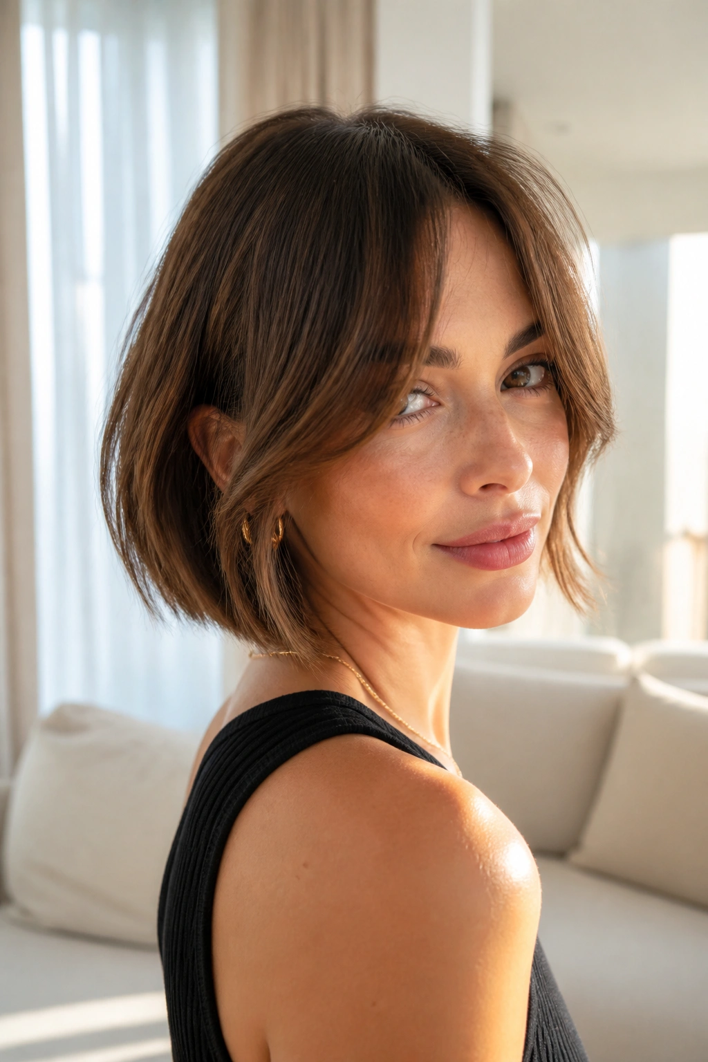 Portrait of a real woman with curtain fringe bob framing her face.