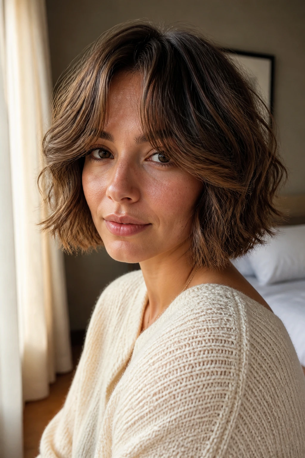 Close-up of a real woman with a wavy bob and curtain fringe in warm window light