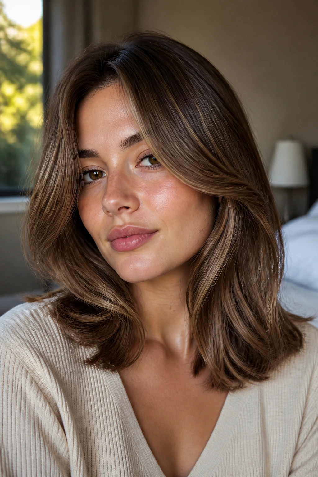 Close-up portrait of a real woman with curtain fringe starting at the cheekbone, soft front frame around lips and jaw