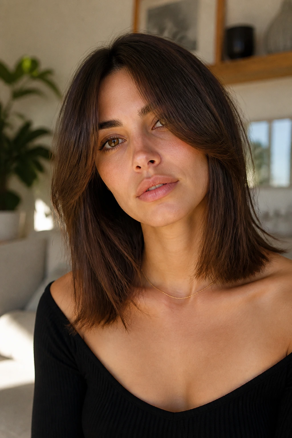 Real woman with curtain fringe and collarbone-length cut on oval face