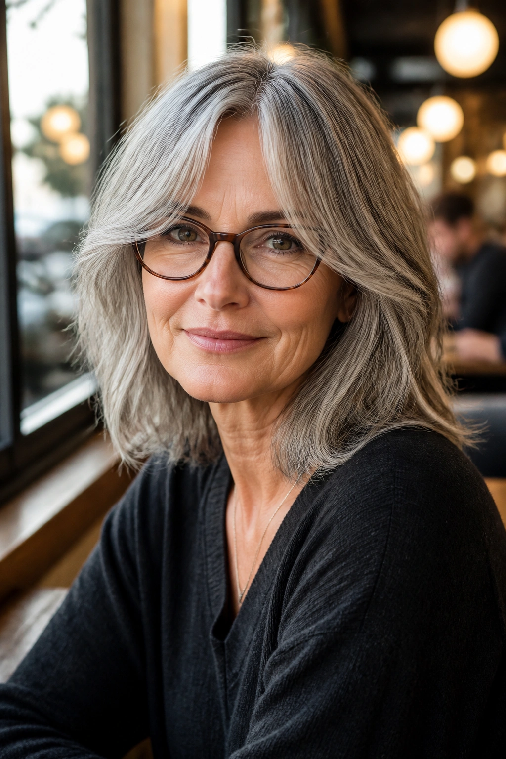 Real woman with face-skimming curtain fringe and gray blend hair in cafe window light