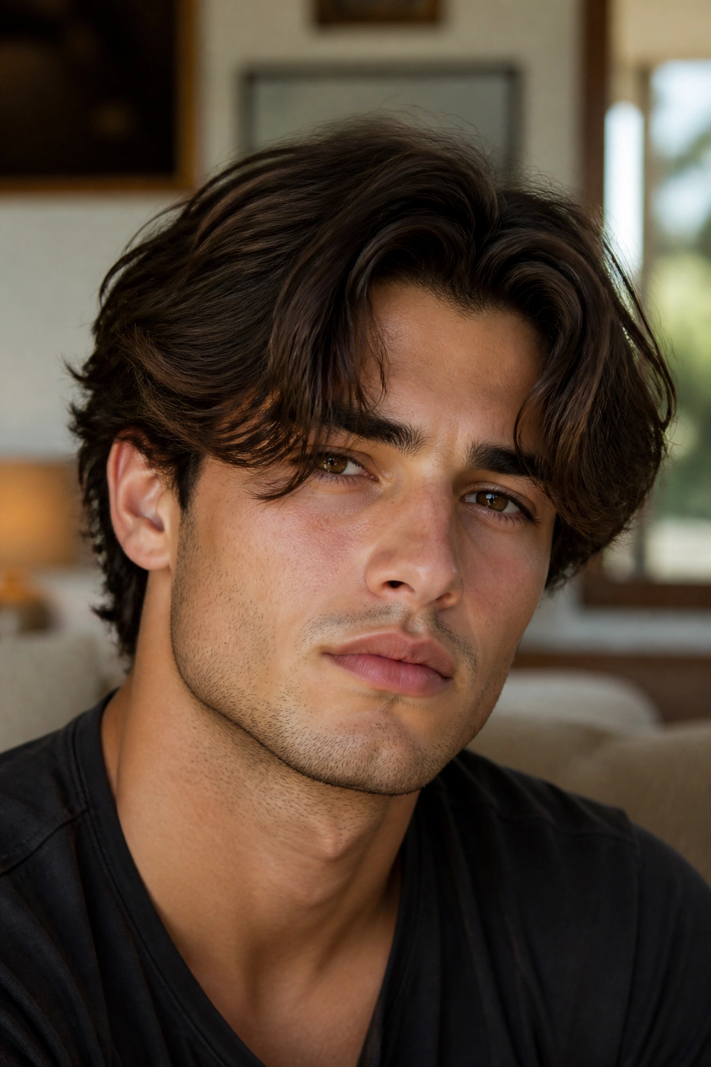 Close-up portrait of a man with curtain fringe hairstyle