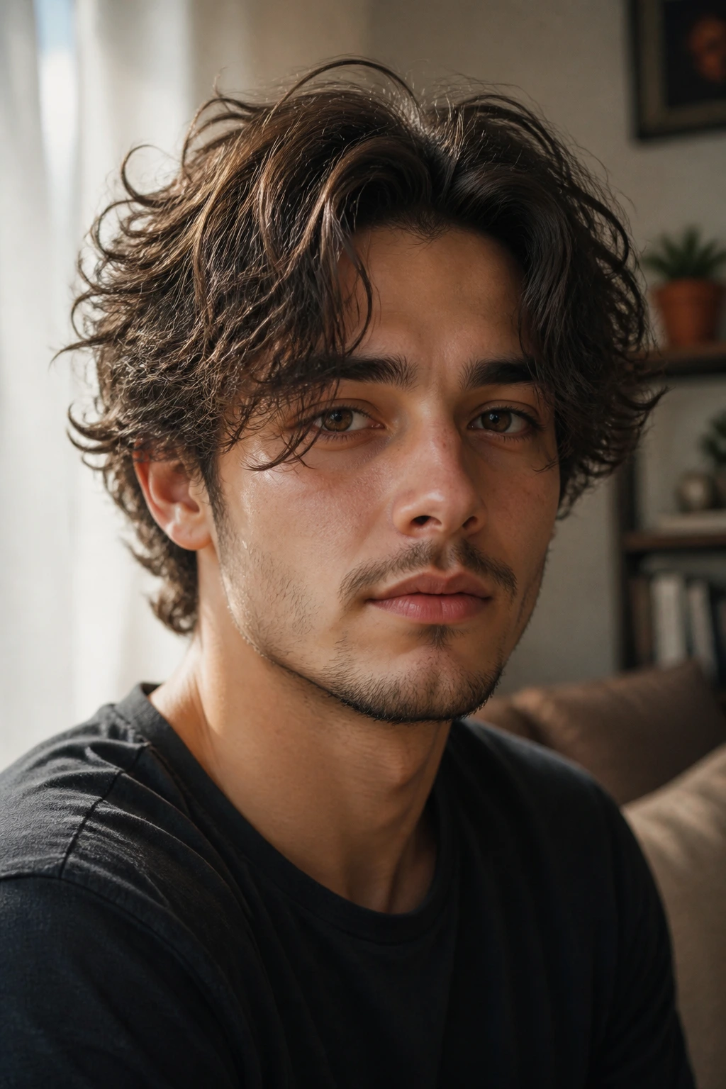 Close-up of a man with curtain fringe and loose curls framing the face.