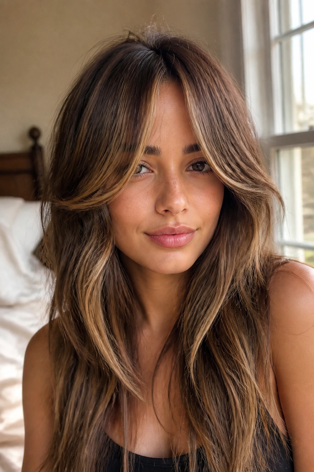 Close-up of long curtain fringe with mocha caramel bands on a real woman