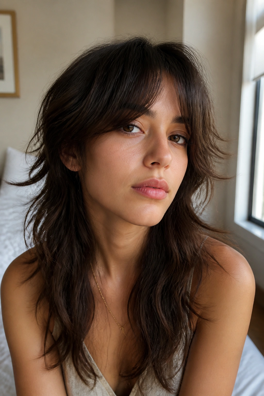 Close-up portrait of a real woman with soft curtain fringe long shag mullet under natural window light.
