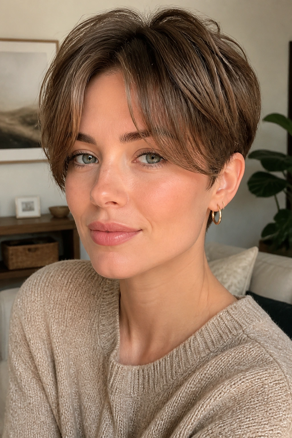 Real woman with curtain fringe pixie framing eyes and cheeks