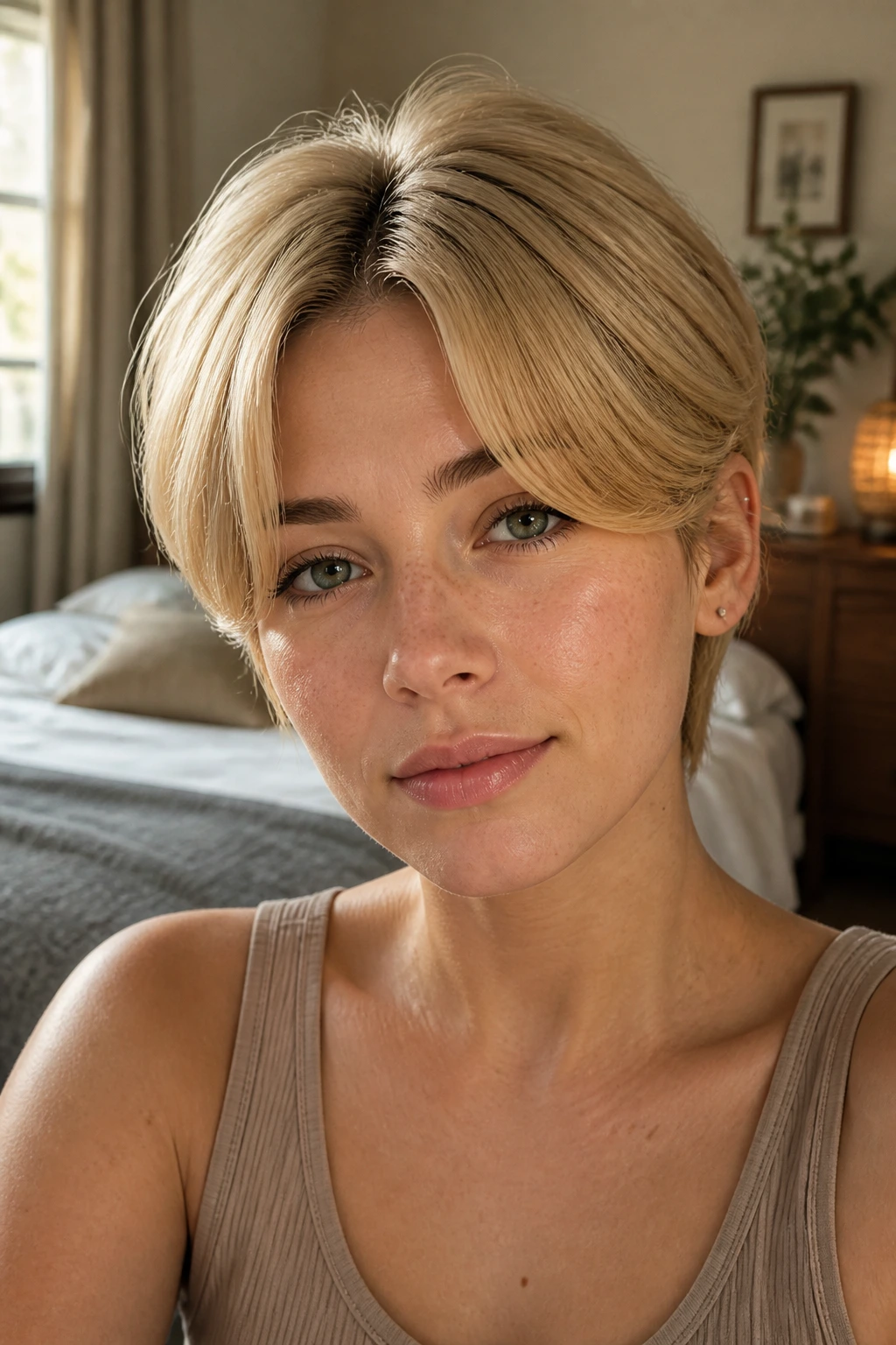 Close-up portrait of a real woman with curtain fringe pixie and middle part