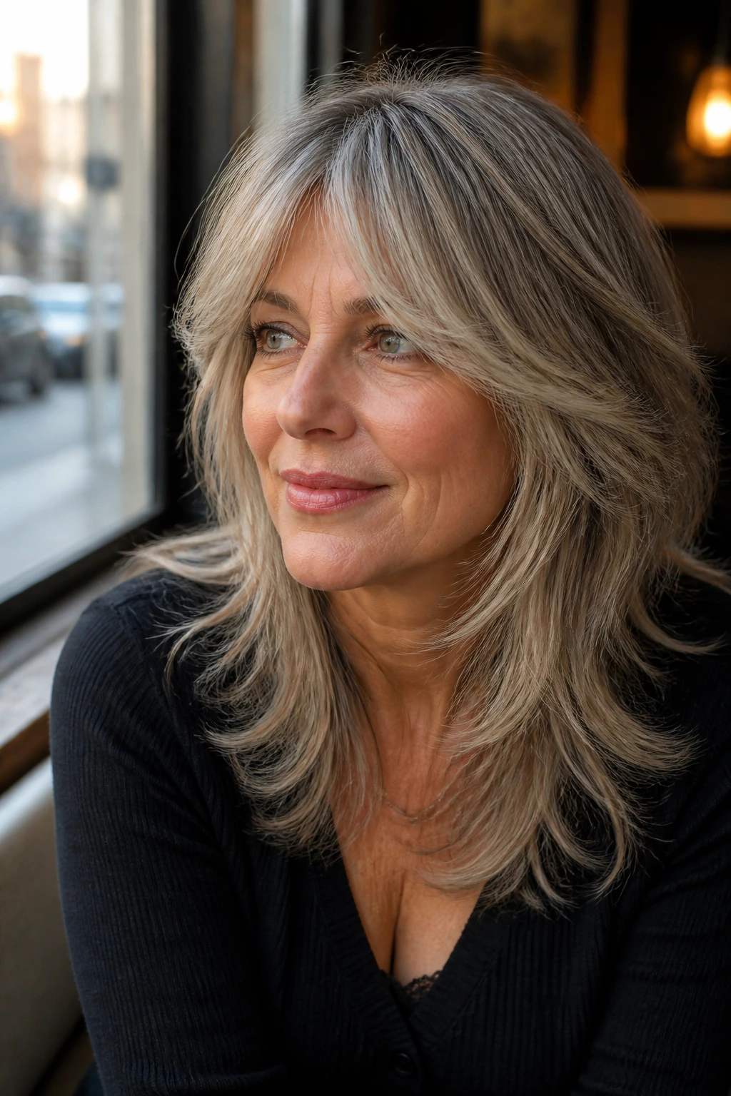 Close-up portrait of a real woman with long curtain fringe shag