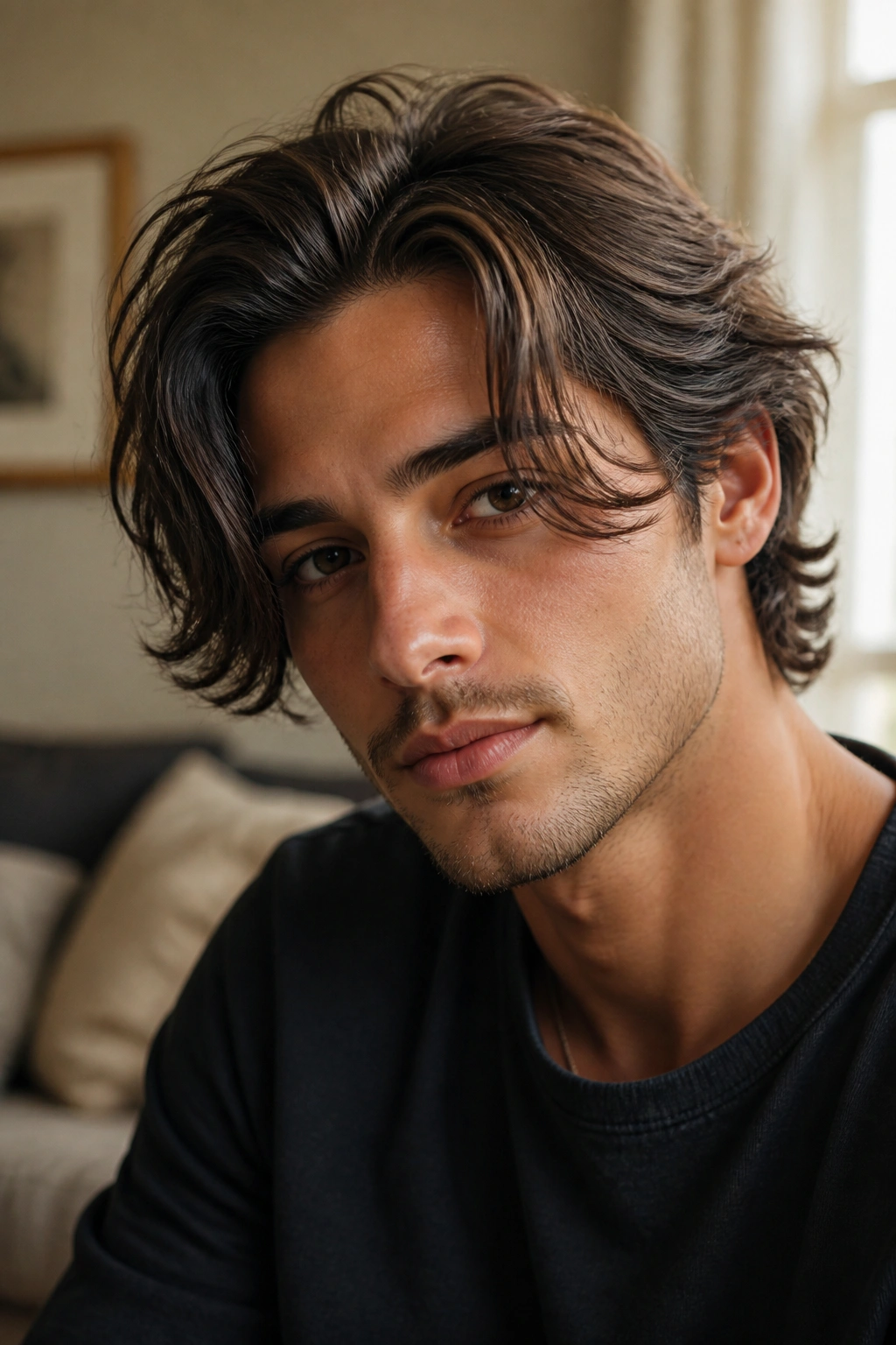 Close-up portrait of a man with curtain fringe side part reaching the cheekbones