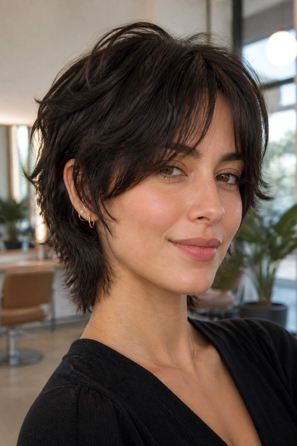 Real person with short wolf cut and curved curtain fringe in bright salon