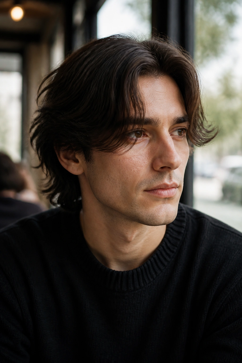Close-up portrait of a person wearing curtain hair framing the face.