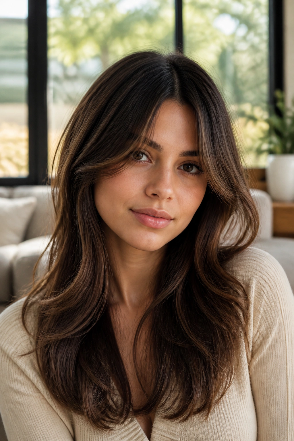 Portrait of a real woman with curtain layers and a center part.