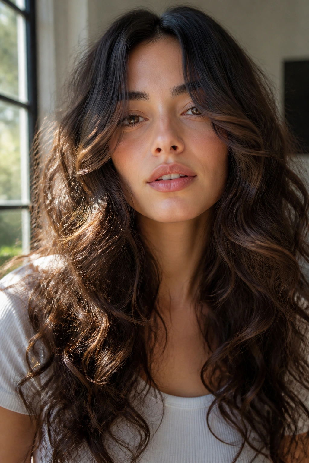 Portrait of a woman with long curtain layers framing a center-parted hair