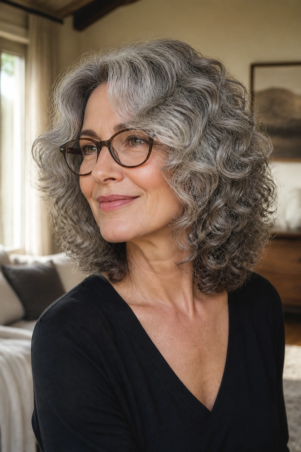 Portrait of a woman with curtain layers forming soft face framing, natural light.