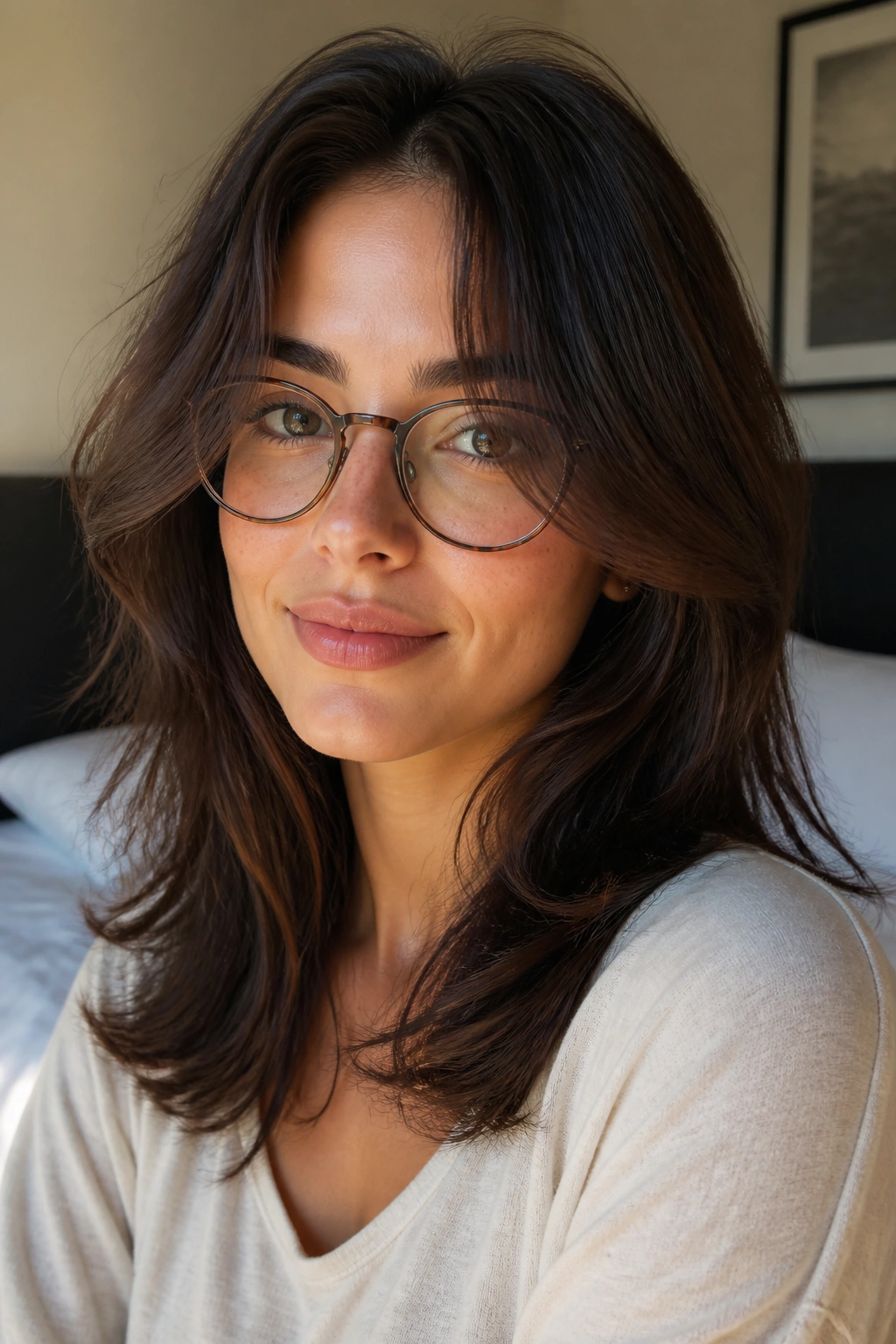 Close-up of a woman with curtain layers opening around the cheeks and round glasses, in warm natural light.
