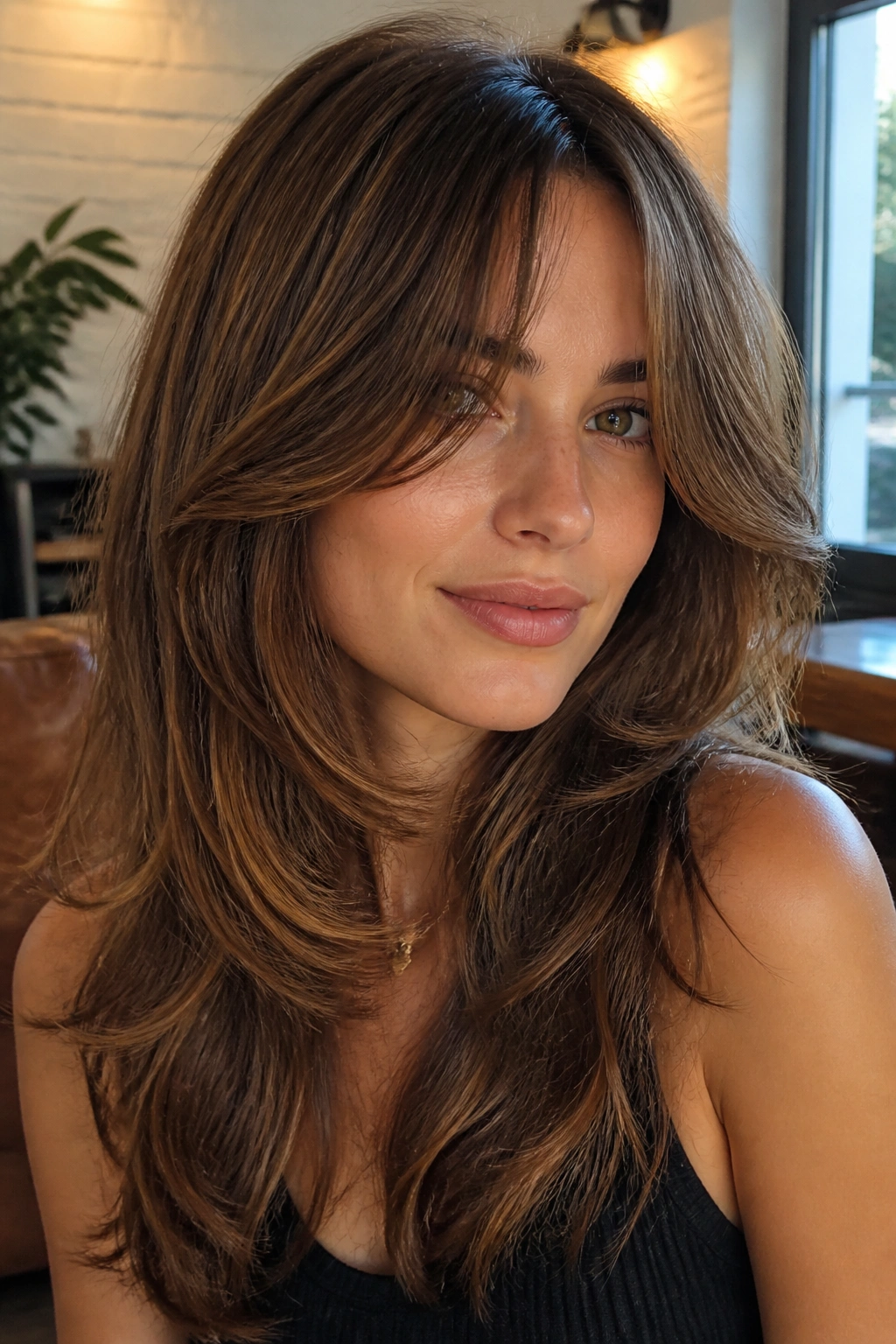 Woman with curtain layers and long bangs in soft waves