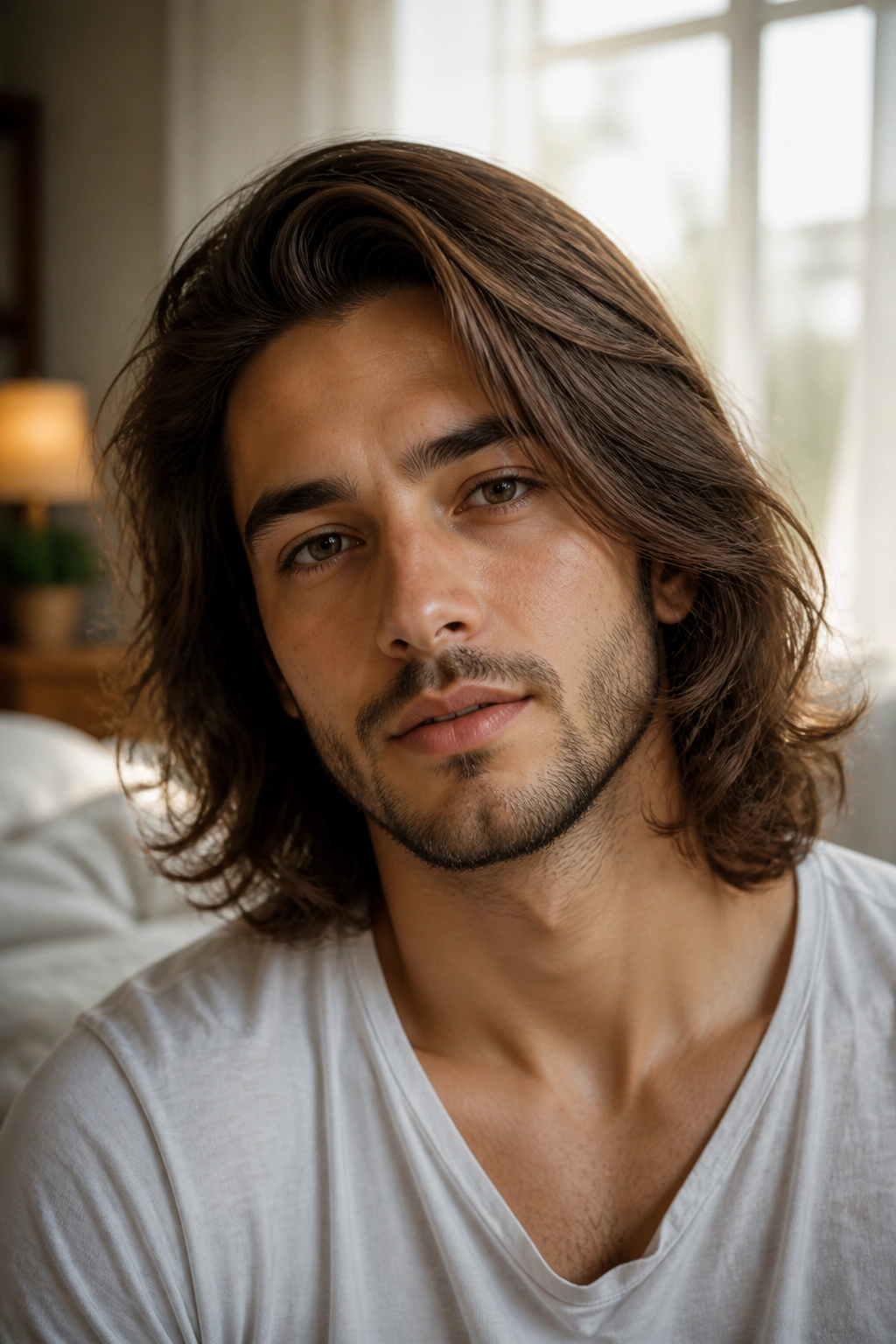 Close-up of a man with curtain-length side part and soft ends framing the face