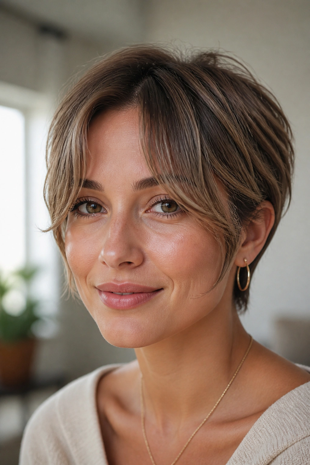 Close-up of a real woman with curtain-bang pixie and face-framing pieces