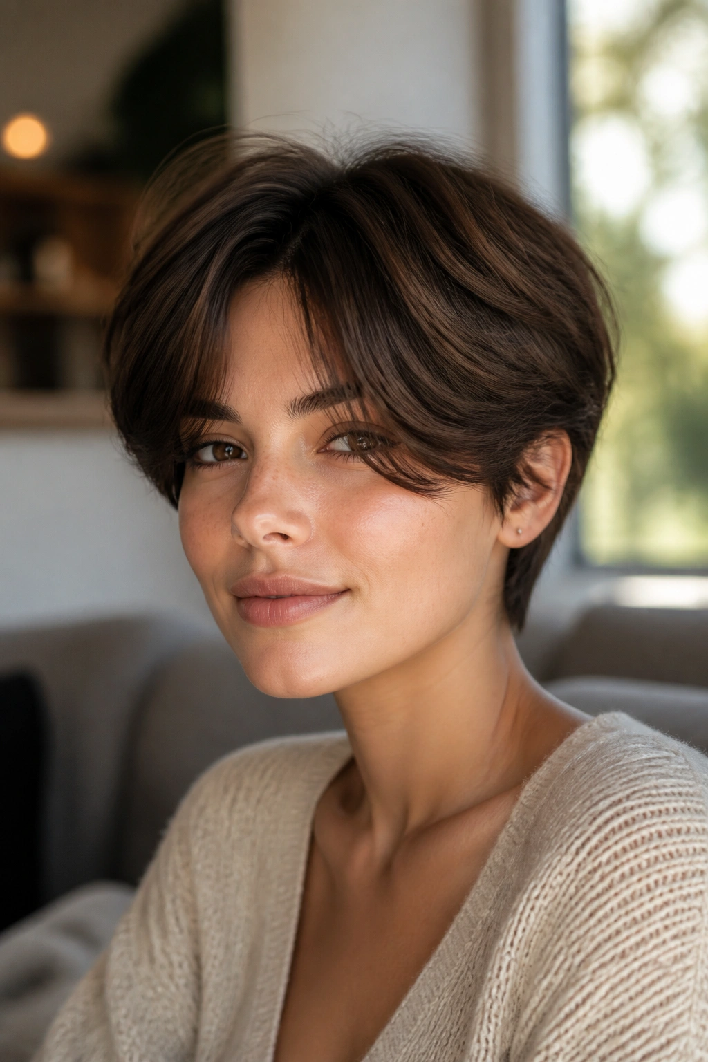 Portrait of a real person with curtain bangs and soft center part in a pixie