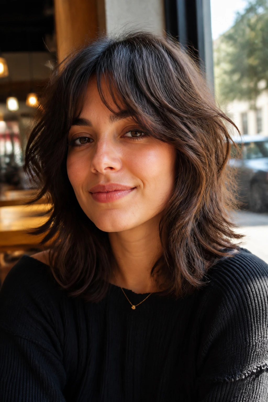 Portrait of a woman with curtain bangs blended into shag hairstyle