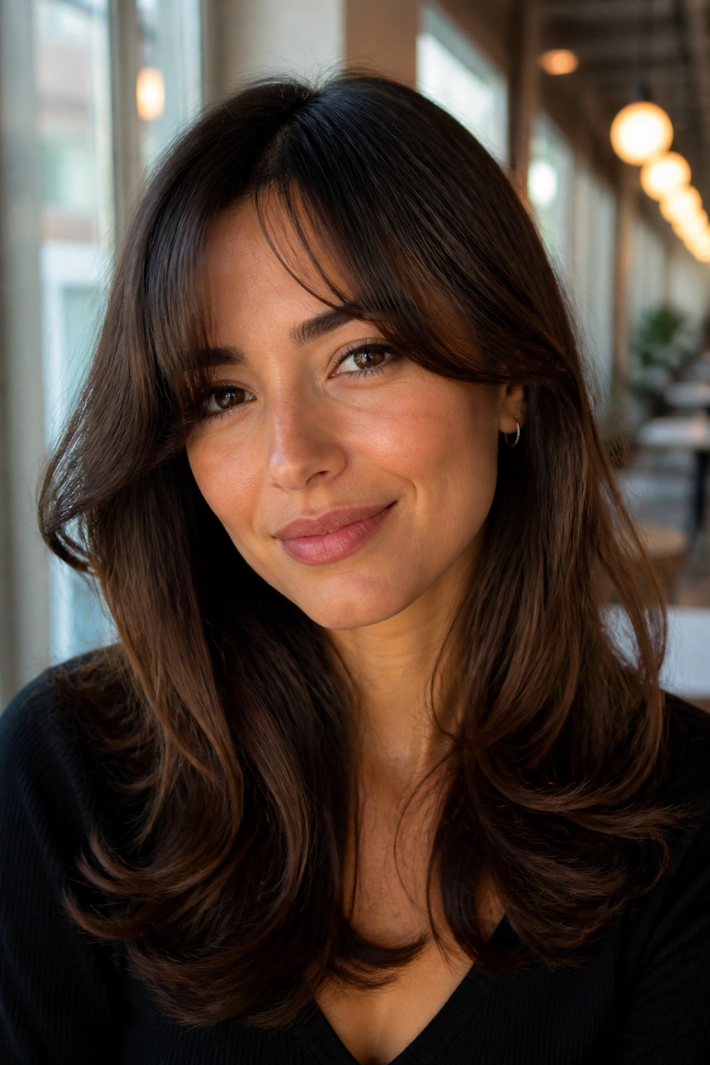 Close-up portrait of a real woman with curtain-to-side hybrid bangs.
