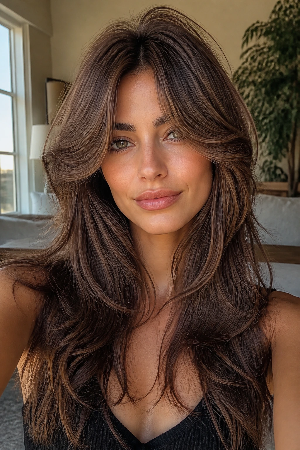 Close-up portrait of a real person with curtain-and-side-sweep hybrid butterfly wolf cut