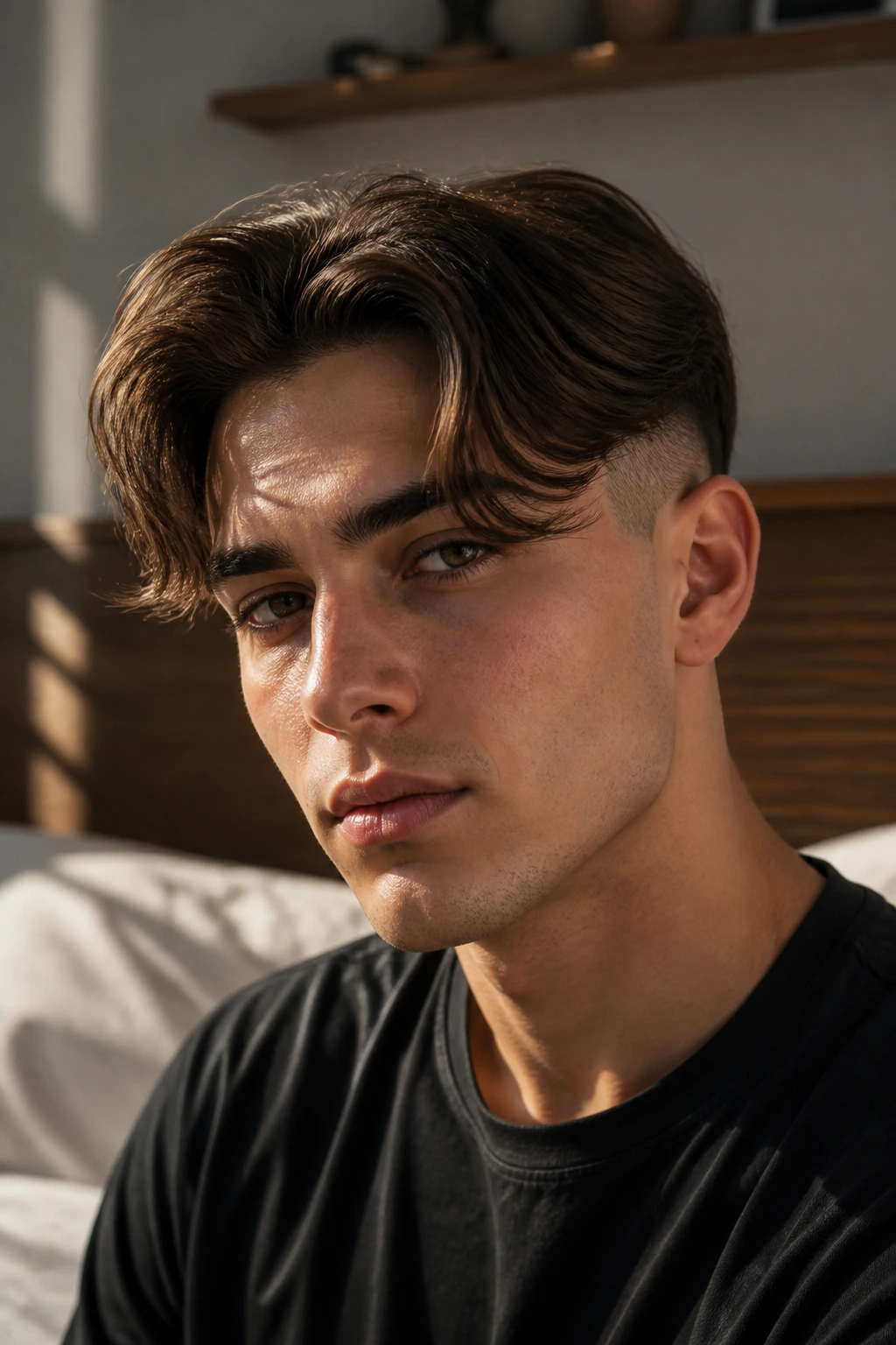 Close-up portrait of a real man with Curtain Undercut in a sunlit bedroom, curtains framing the face