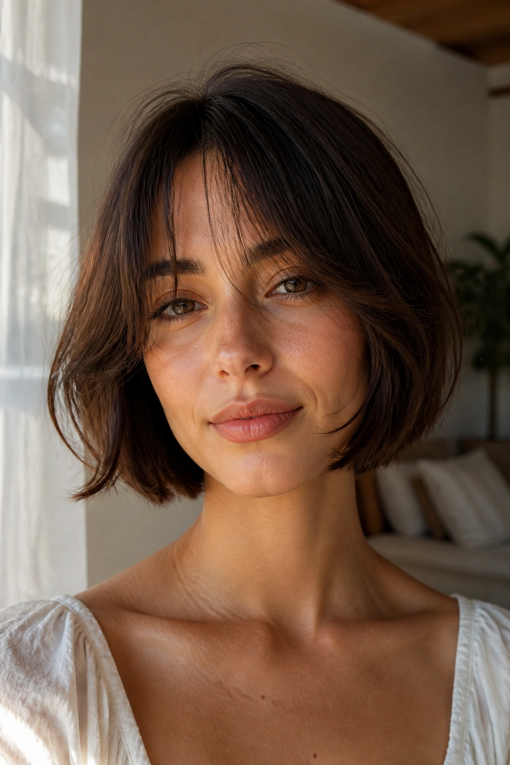 Real person with chin-length curtain wisps fringe in a sunlit bedroom.