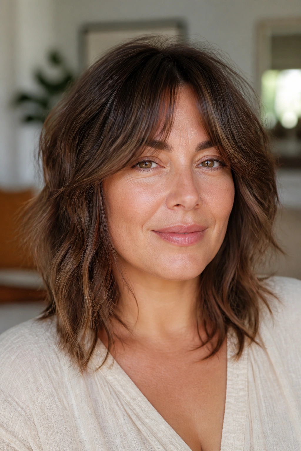 Portrait of a woman with curtain bangs and soft shag layers.