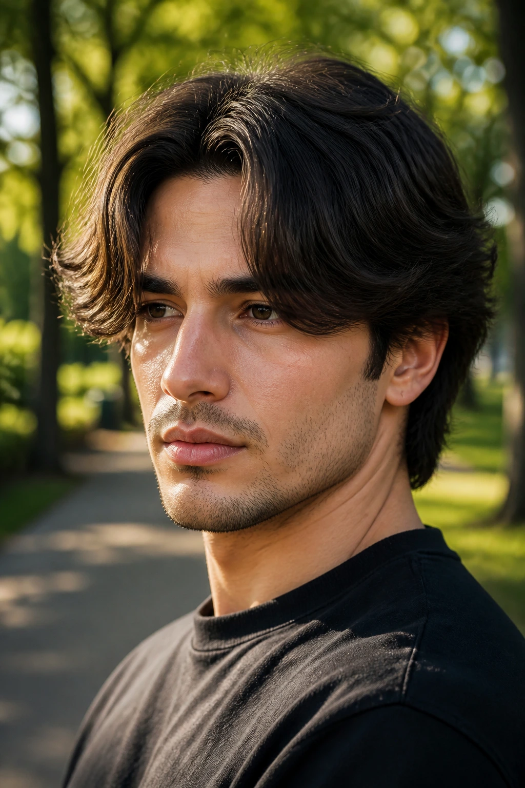 Man with curtains hairstyle and loose middle part in sunlight