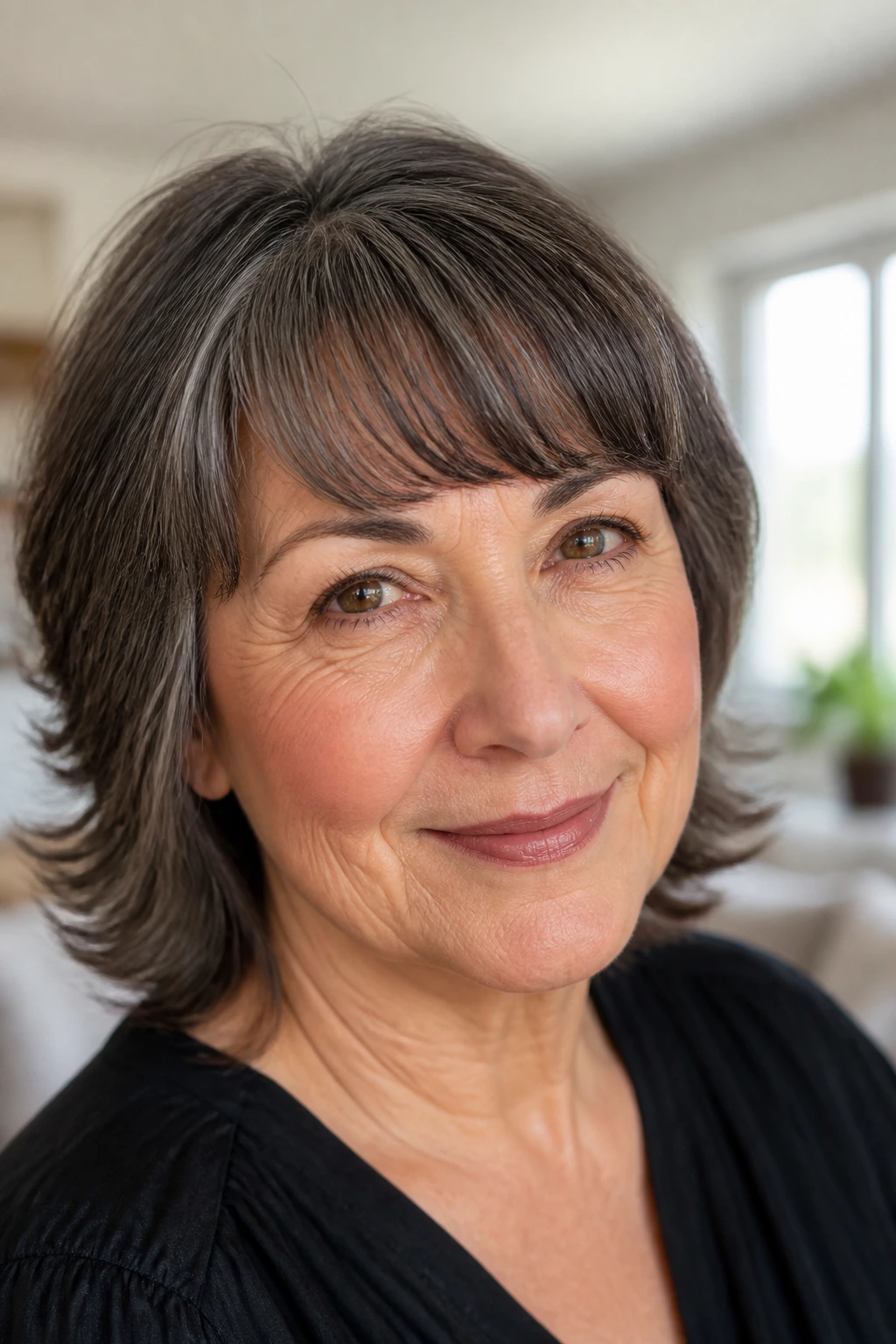 Close-up portrait of curved bangs softly framing the eyes