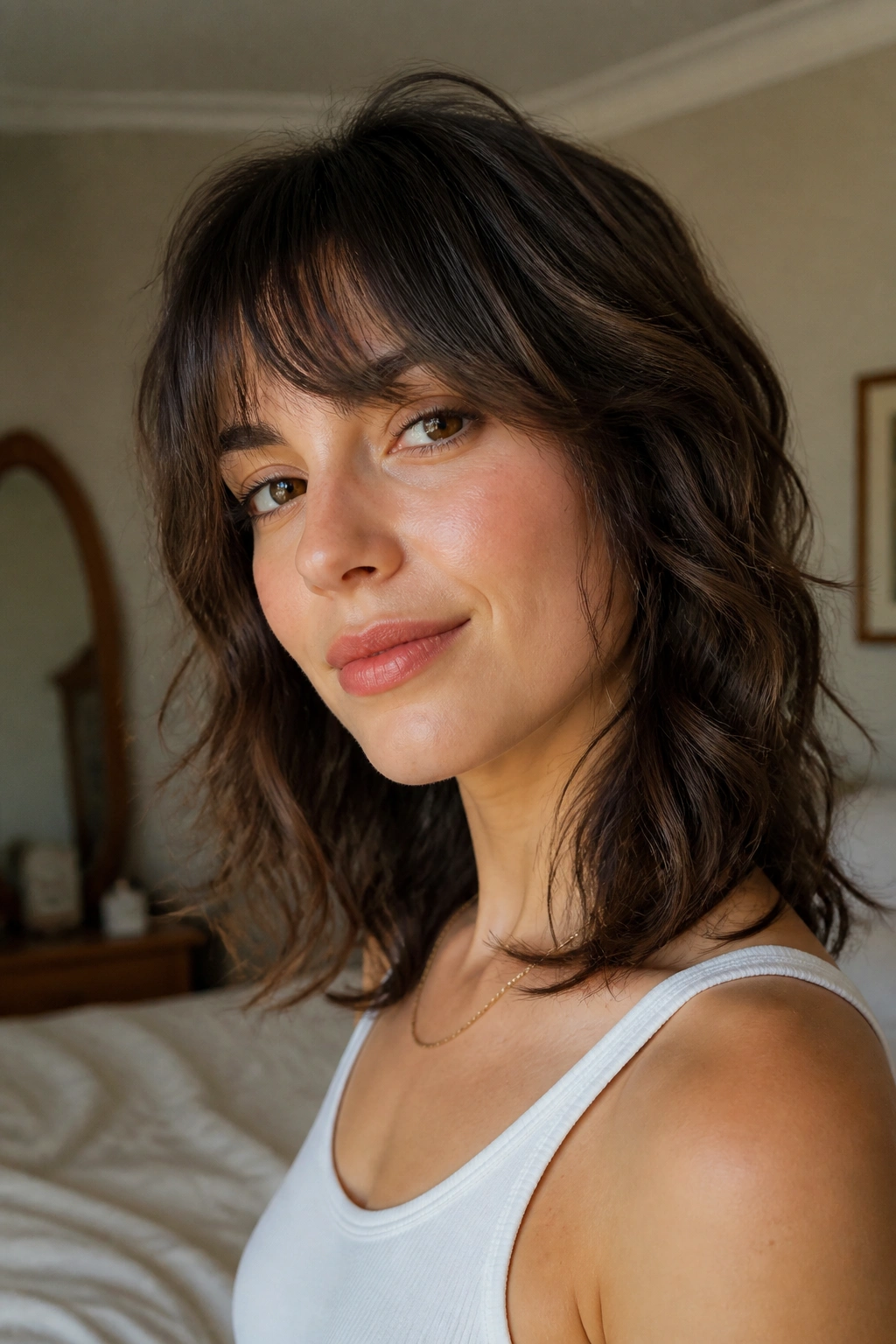 Real woman with collarbone-length shag and curved bangs in window light