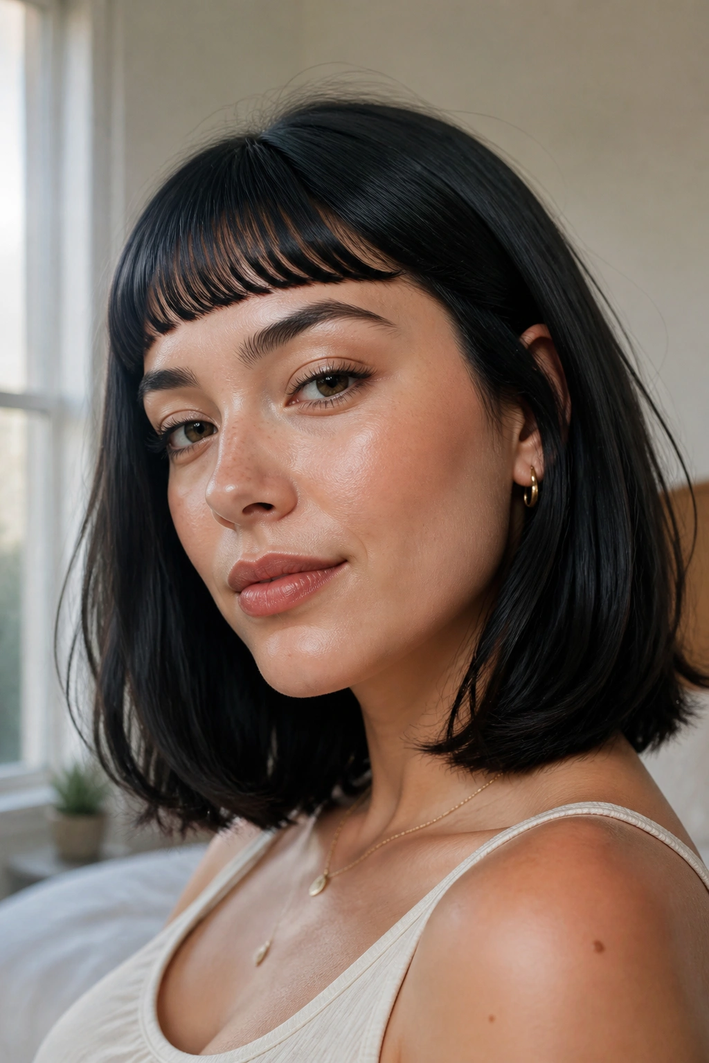 Close-up portrait of a woman with curved baby bangs and a sleek lob in window daylight
