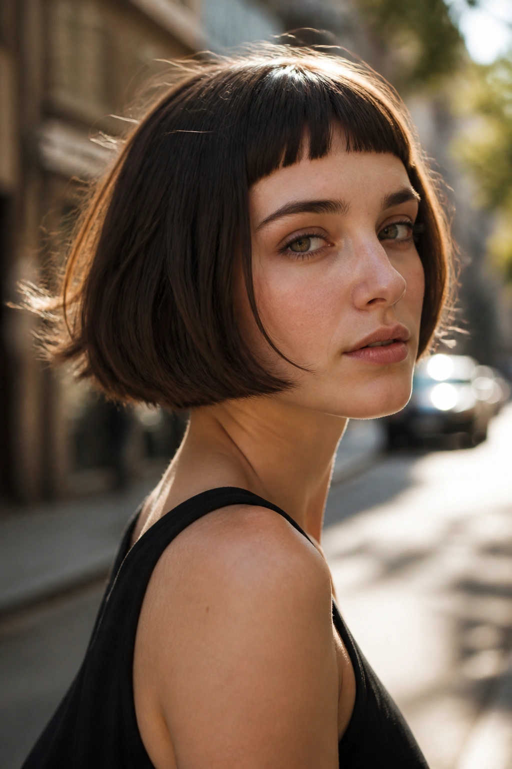 Portrait of a real woman with curved bob and baby bangs in outdoor sun
