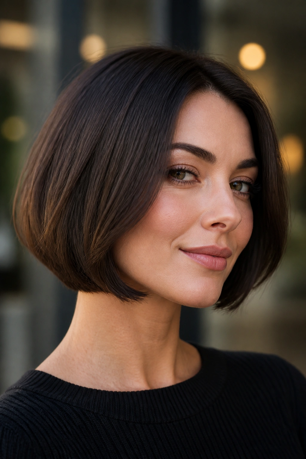 Close-up of a real woman with a curved bob hugging the cheekbones