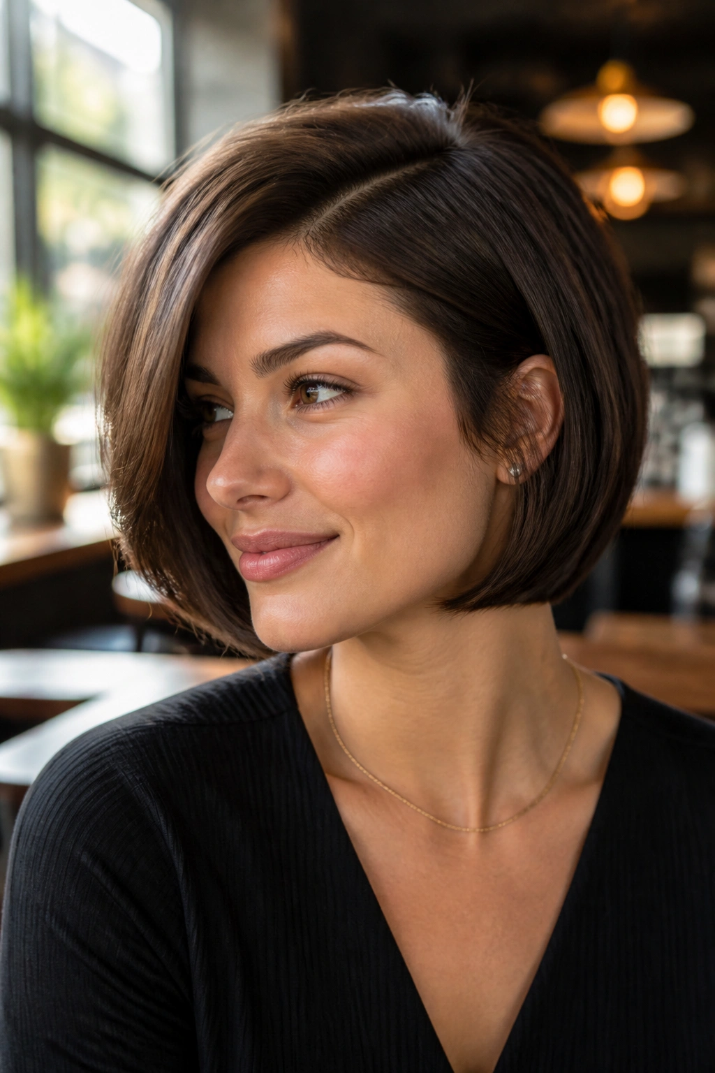 Portrait of a woman with a curved bob and deep side part in a cafe