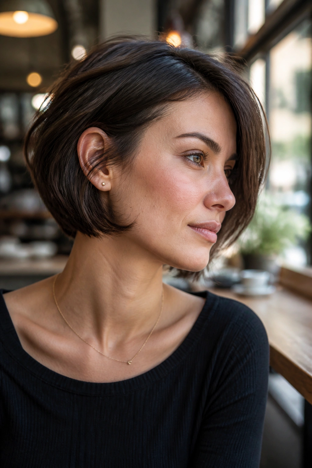 Portrait of a real woman with a curved bob tucked behind the ear