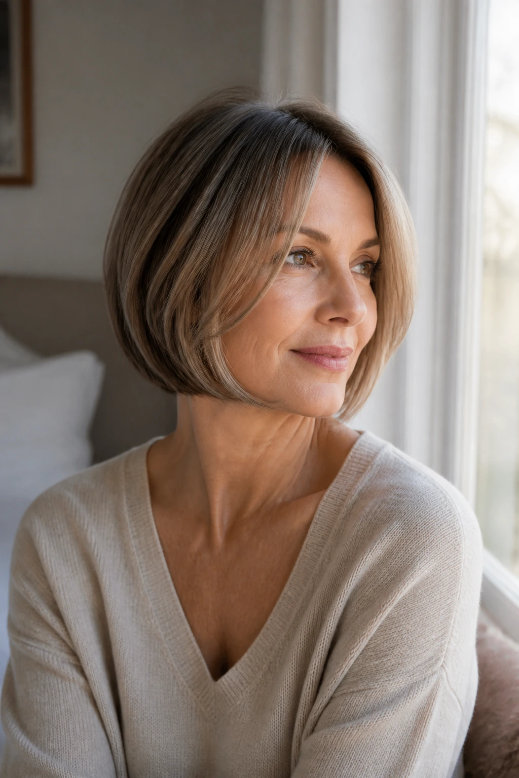 Portrait of a woman with curved bob and face-framing bend in morning light