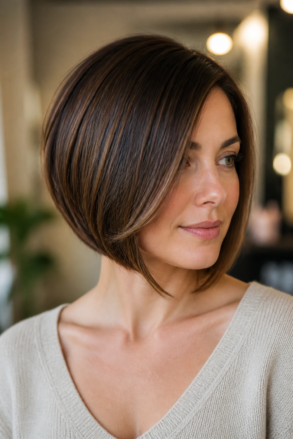 Close-up of a real woman with a curved bob hugging the face.