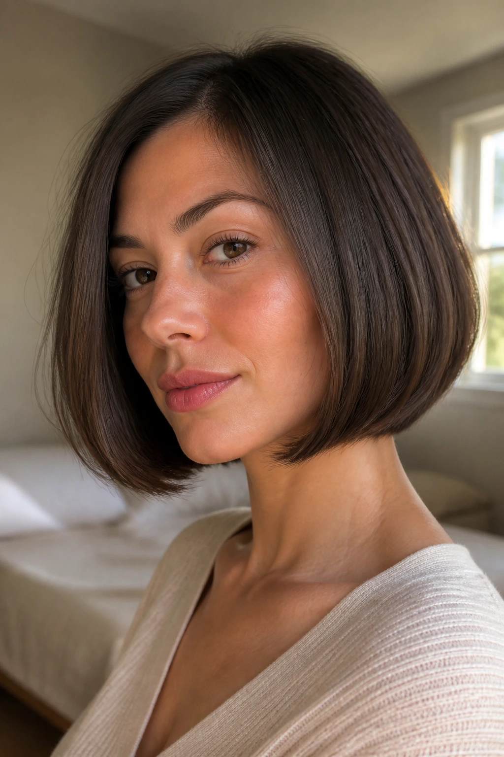 Close-up portrait of a real woman with a Curved Bob showing inward jaw curvature
